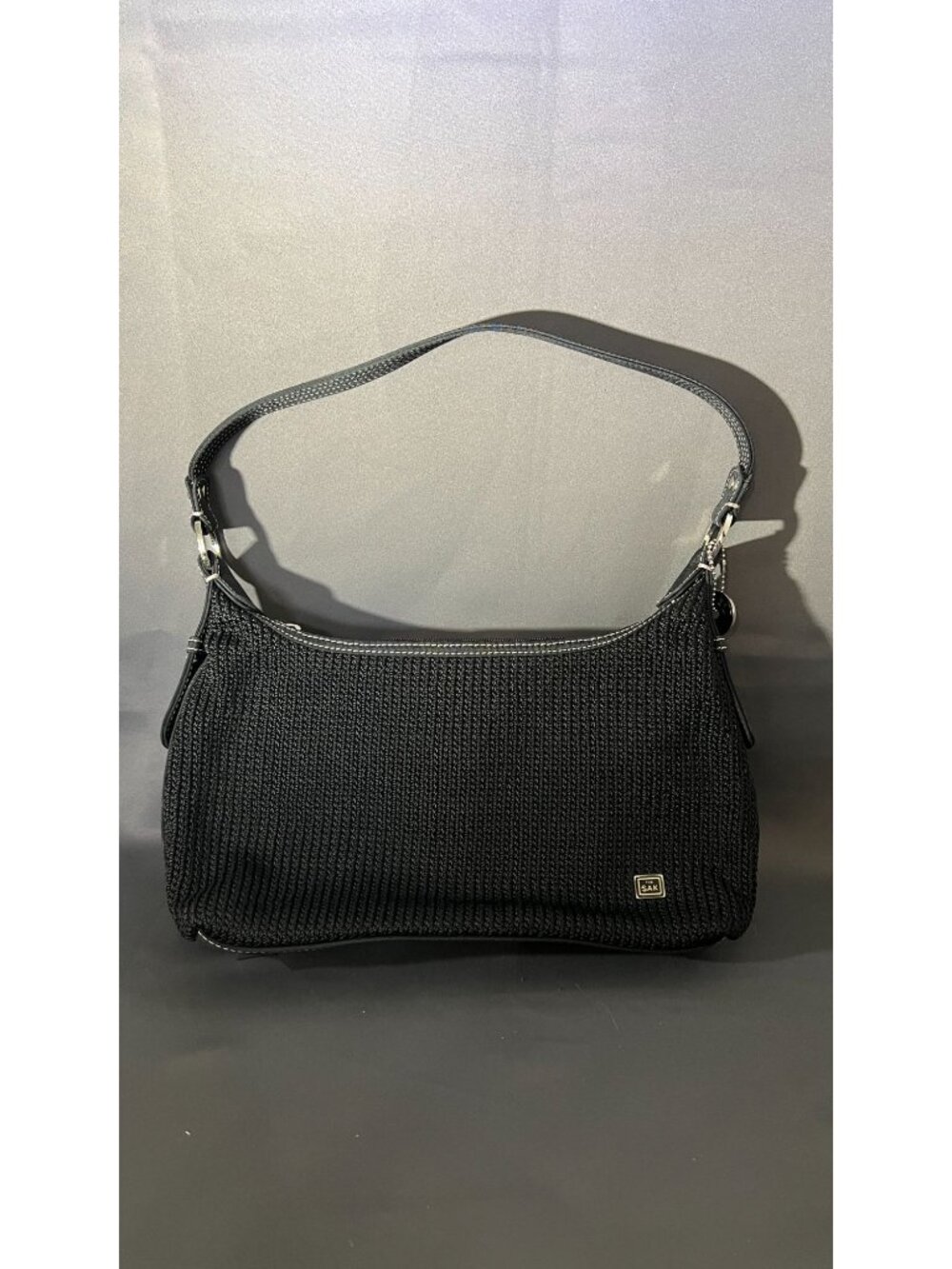 The Sak Black Knitted Shoulder Bag Floral Interior Zip Closure